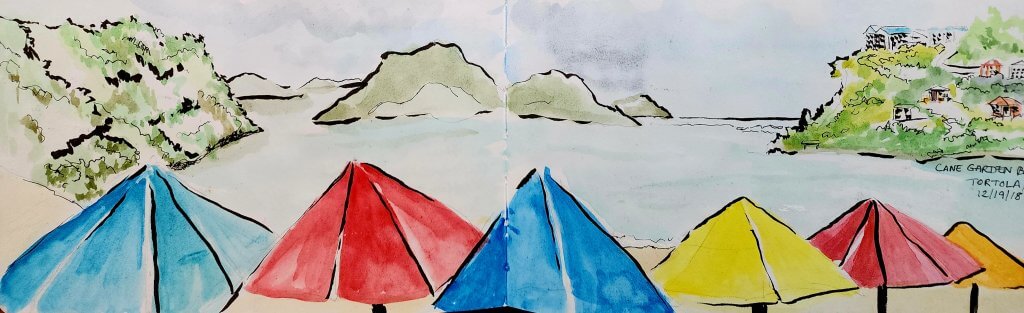 Blue, Red, yellow beach umbrellas with green hills of islands behind them